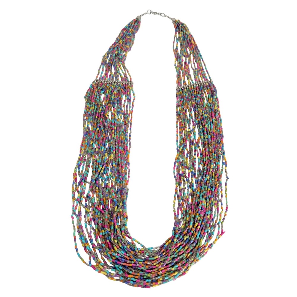 Multi Strand Seed Bead Necklace Women's Multicolor Rainbow Boho Statement Chic